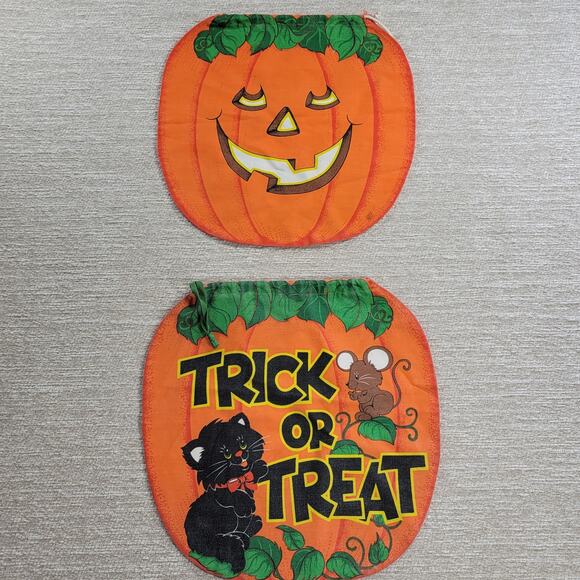 VTG Handmade Trick or Treat Bag Drawstring 15" Orange Black Cat Halloween Candy - Picture 1 of 14